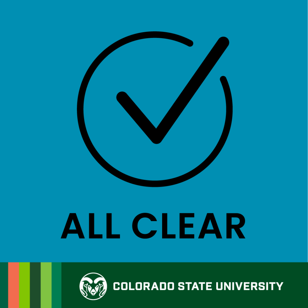 Blue box with check mark in a circle, text says All Clear.